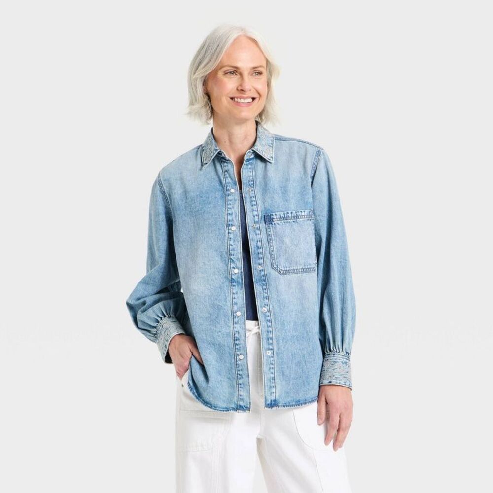Women's Embroidered Denim Shirt - Universal Thread Medium Wash XL